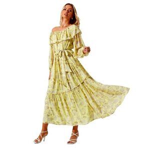 Astr The Label Kaylani Off-Shoulder Floral Midi Dress Long Sleeves Yellow/Gray S